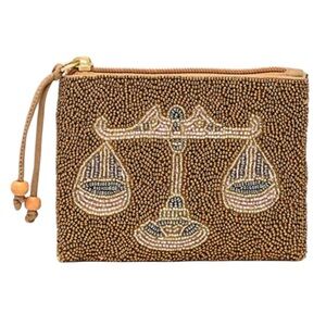 Beaded Brown small zippered purse with Scales Design Zodiac Sign Libra